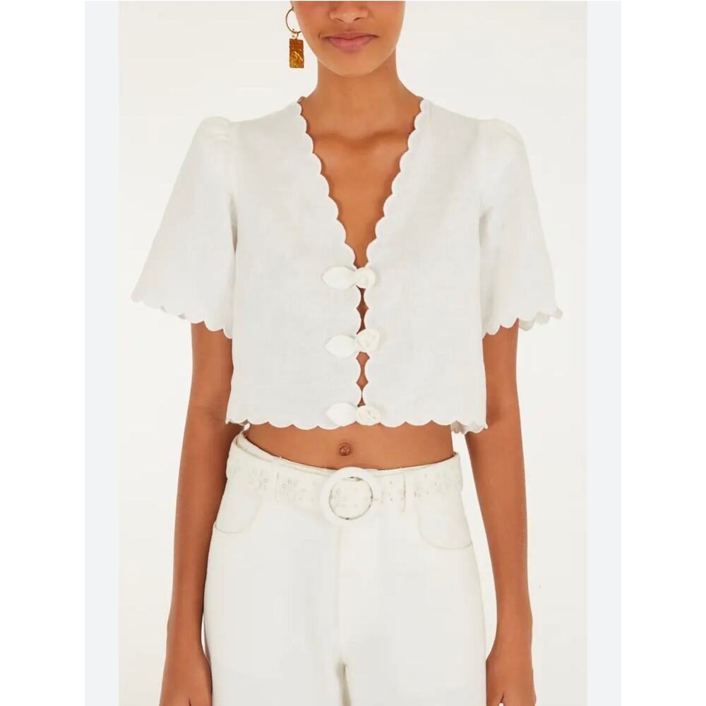 FARM Rio White Scallop-Edge Cropped Button Top